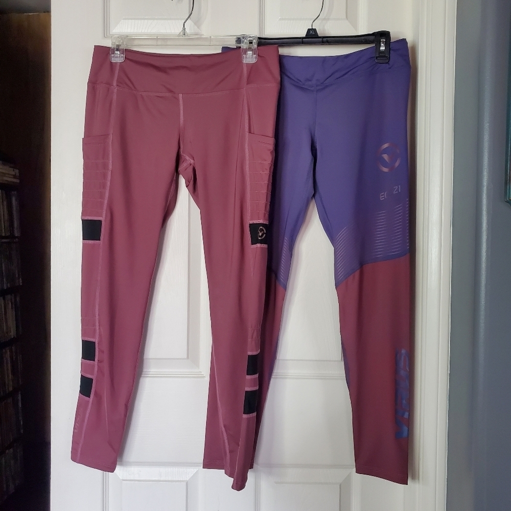 Set Of 2 Virus Performance Athletic Leggings Burgundy & Purple Mid-rise Yoga Lrg